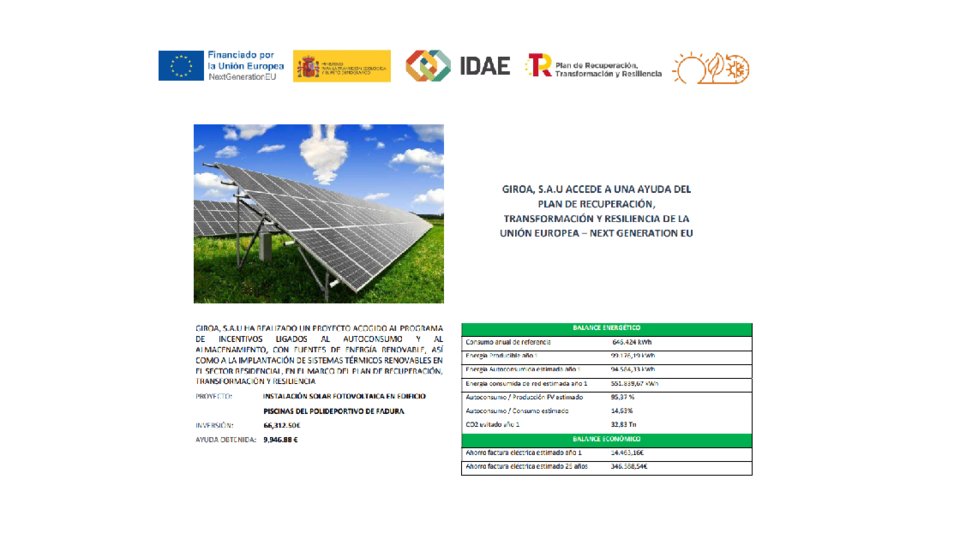 Instalación solar fotovoltaica en edificio Piscinas del Polideportivo de Fadura