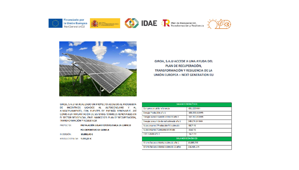 Instalación solar fotovoltaica en edificio Polideportivo de Gobela