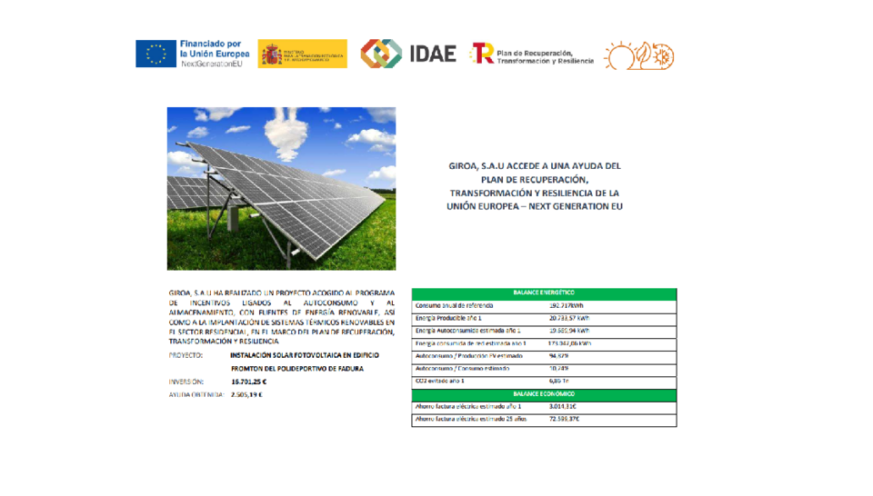 Instalación solar fotovoltaica en edificio Fromton del Polideportivo de Fadura