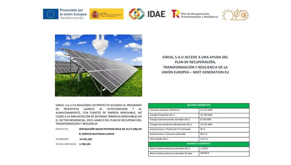 Veolia  INSTALACIÓN SOLAR FOTOVOLTAICA EDIFICIO MUTUALIA LLODIO