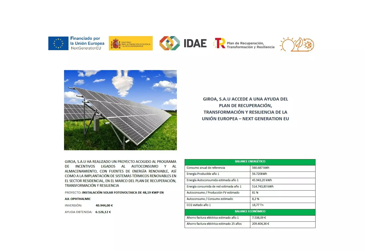 INSTALACIÓN SOLAR FOTOVOLTAICA DE 48,19 KWP EN AJL OPHTHALMIC